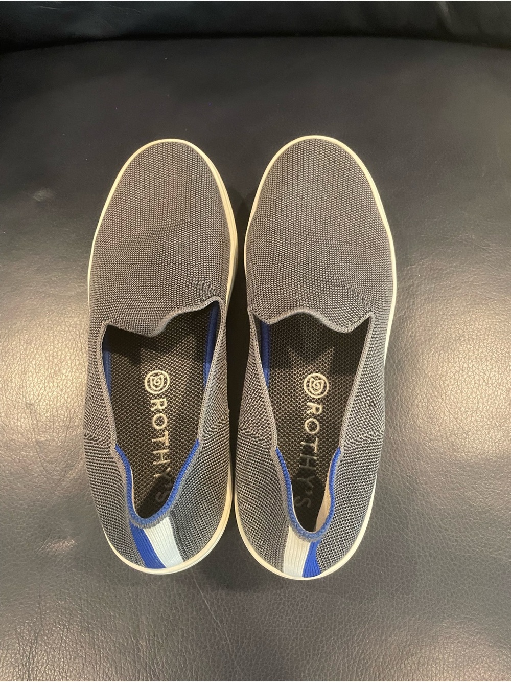 Rothy's Slip-On Knit Sneakers in Charcoal with Blue Trim